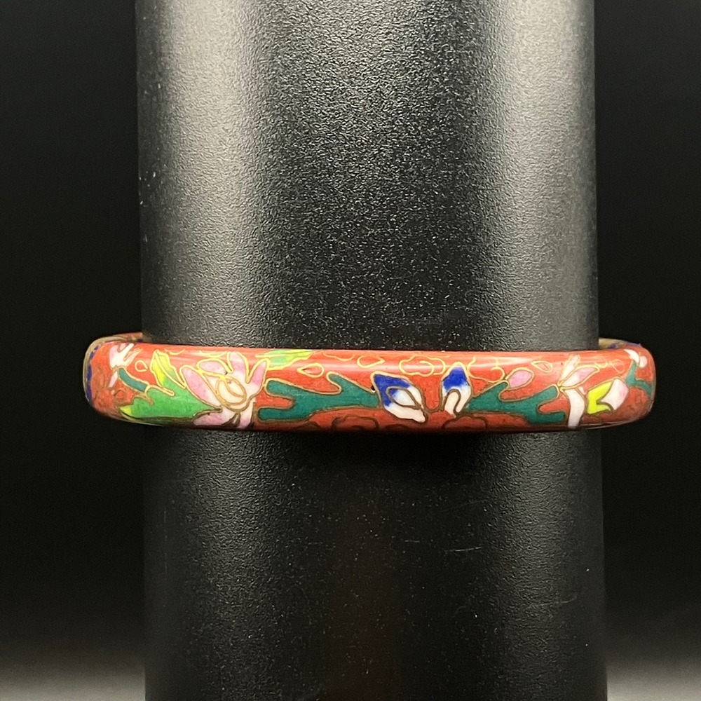 Vintage Cloisonne Enamel Bangle Bracelet Red Floral Hinged Brass 7.25 - Picture 4 of 9